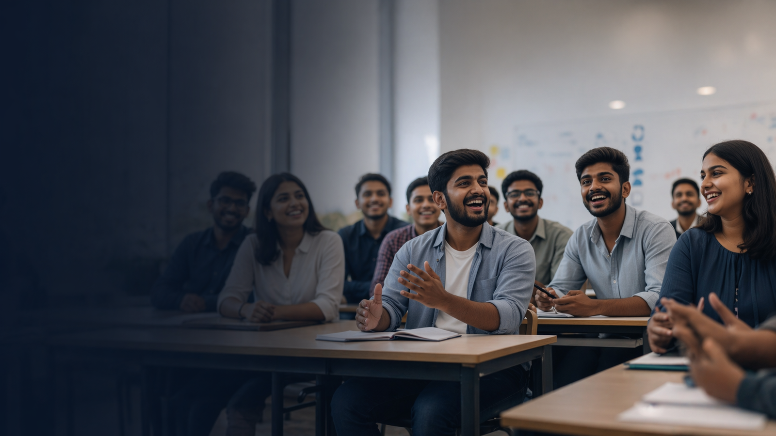 Students learning spoken English in a realistic classroom